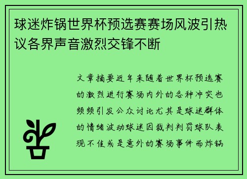 球迷炸锅世界杯预选赛赛场风波引热议各界声音激烈交锋不断